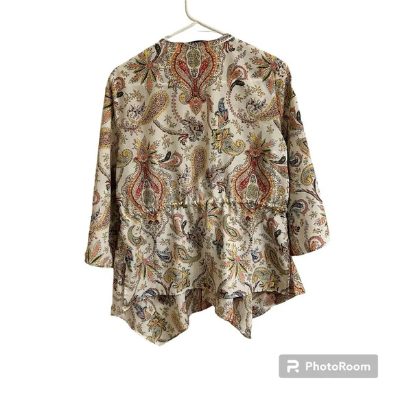 Zara Women Sm Paisley V-Neck Flutter Hem Bell Sleeve Drawstring Waist Boho Top - Picture 4 of 11